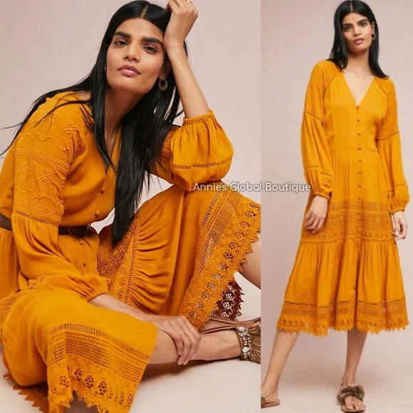 RARE NWT ANTHROPOLOGIE Golden Peasant Embroidered Maxi Dress. Size 4 - Picture 9 of 16